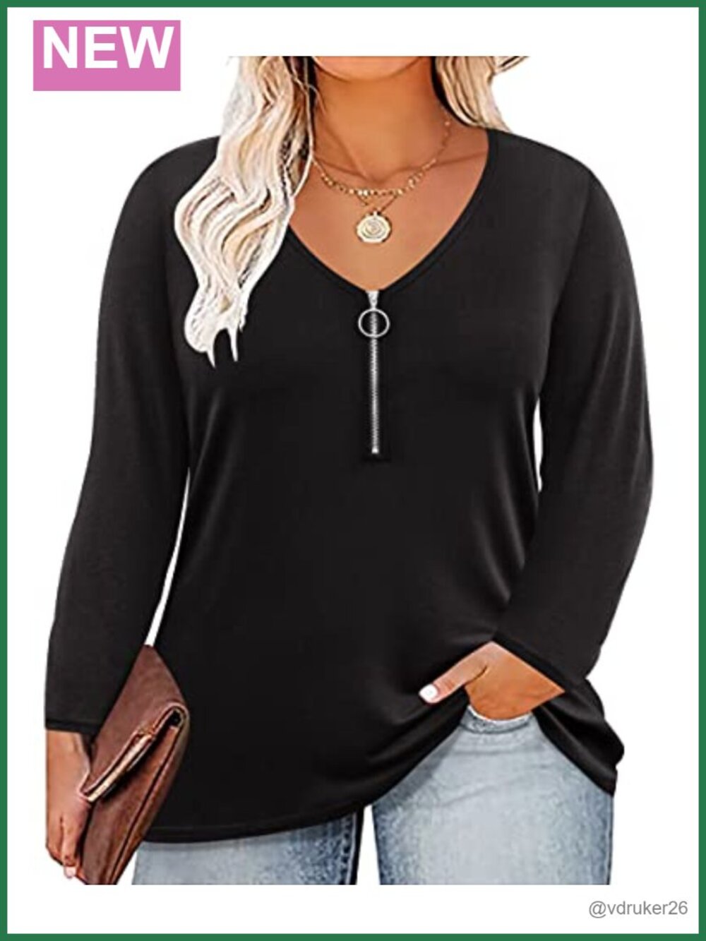 Women's Plus Size Long Sleeve V Neck Zip Tunic Top Casual Loose Fit